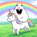 Beluga cat with a wide, toothy grin riding a white unicorn in front of a rainbow.