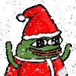 Pepe the Frog wearing a Santa hat and red coat with snow falling in the background.