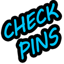 Neon blue text reading CHECK PINS against a solid black background.