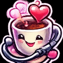 A smiling coffee cup wearing a stethoscope with a pink heart floating above it.