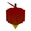 A pixelated red apple with a brown stem and a small yellow triangular bite mark at the bottom.