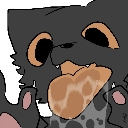 A dark-furred creature with wide eyes happily eating a brown snack with both paws.