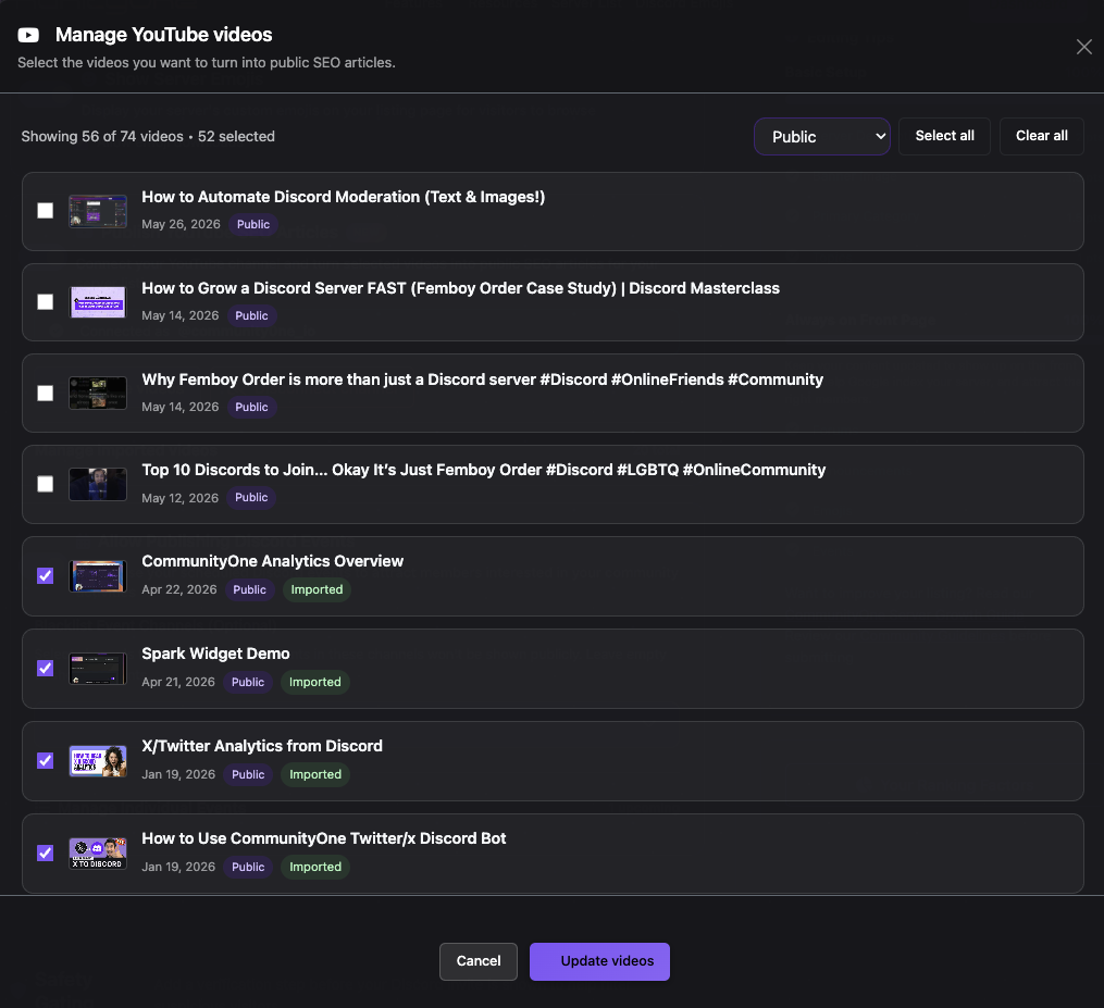 YouTube Discord bot setup: connect channel and select videos to transcribe