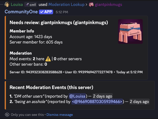 Discord moderation lookup showing offender history and cross-server bans