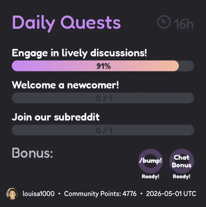 Discord daily quests dashboard with engagement progress