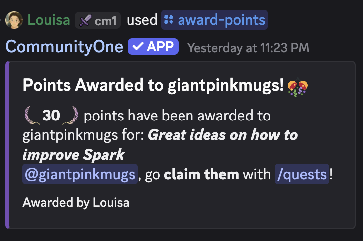 Discord message awarding community points for valuable product feedback