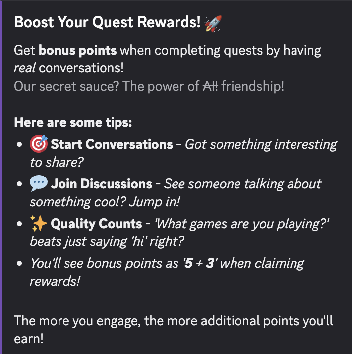 Discord quest bonus message explaining quality engagement rewards