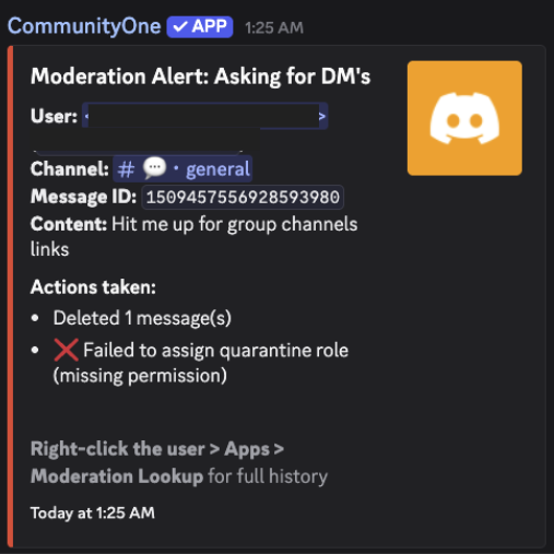 Discord moderation alert for repeated spam messages with automated actions