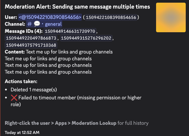 Discord moderation alert log with message context and actions taken