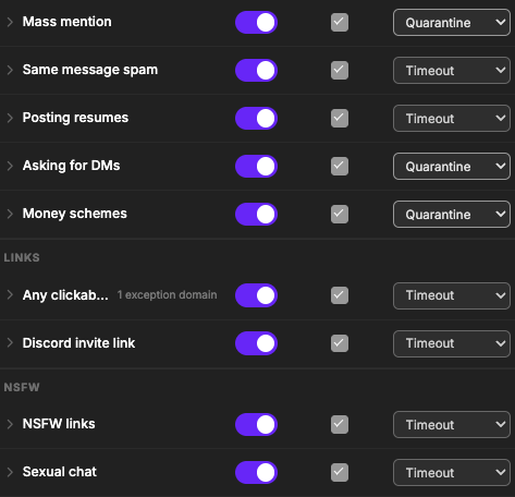 Discord moderation settings with AI auto-detection rules and sanctions
