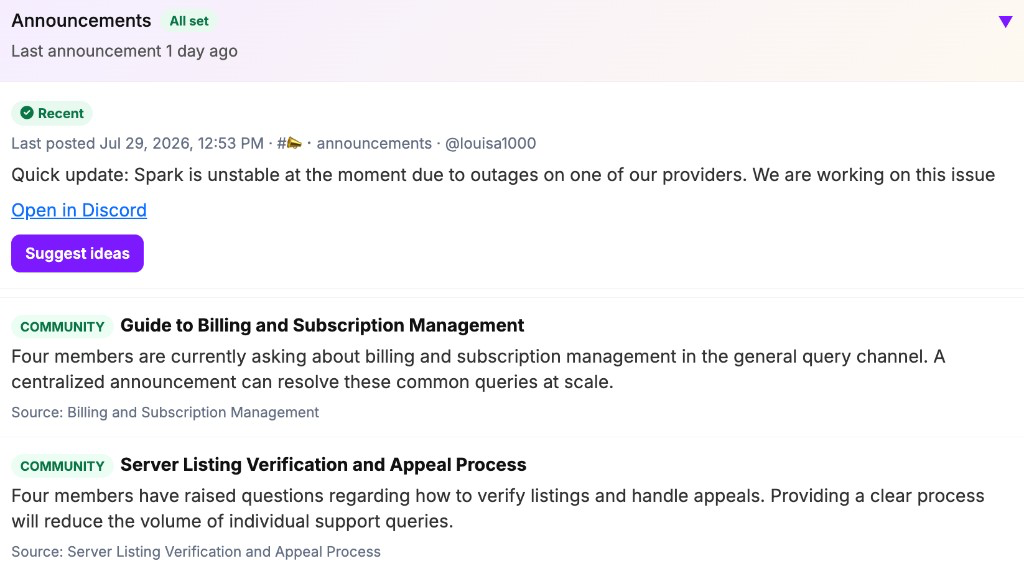 Suggested Discord announcement ideas from Twitter and community topics