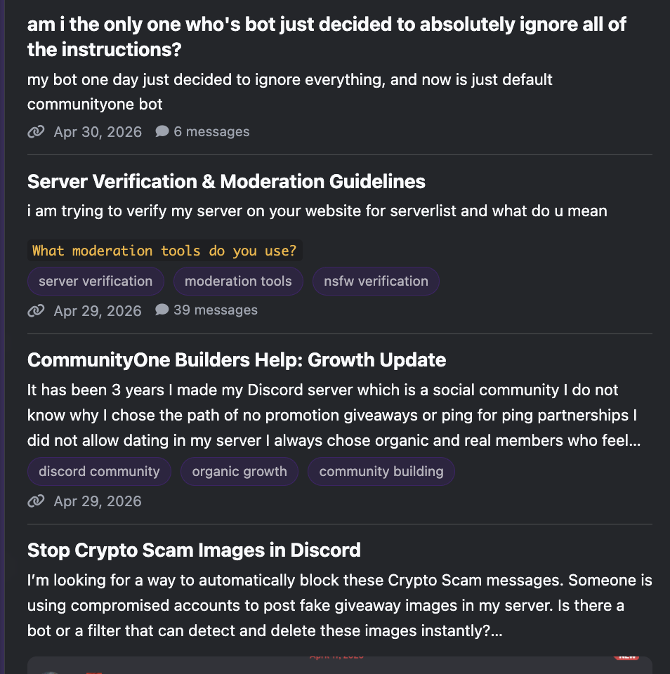 Aggregated Discord forums and announcements for discovery