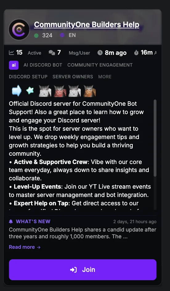 Discord server profile card with SEO-ranked listing