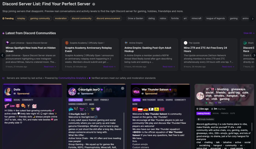 CommunityOne Discord server listing discovery page