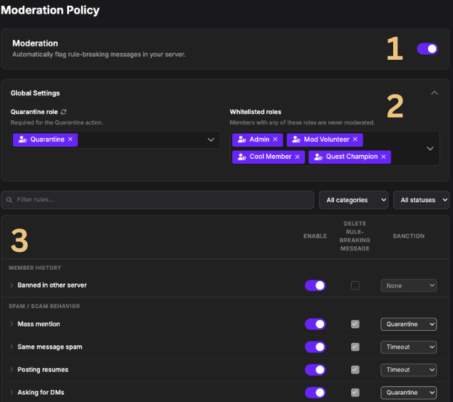 Discord moderation policy setup with rules, roles, and sanctions