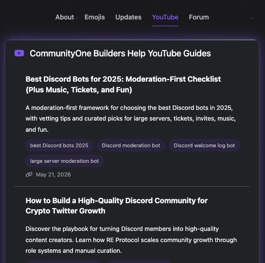 SEO-optimized blog posts generated from YouTube video transcripts on CommunityOne server listing